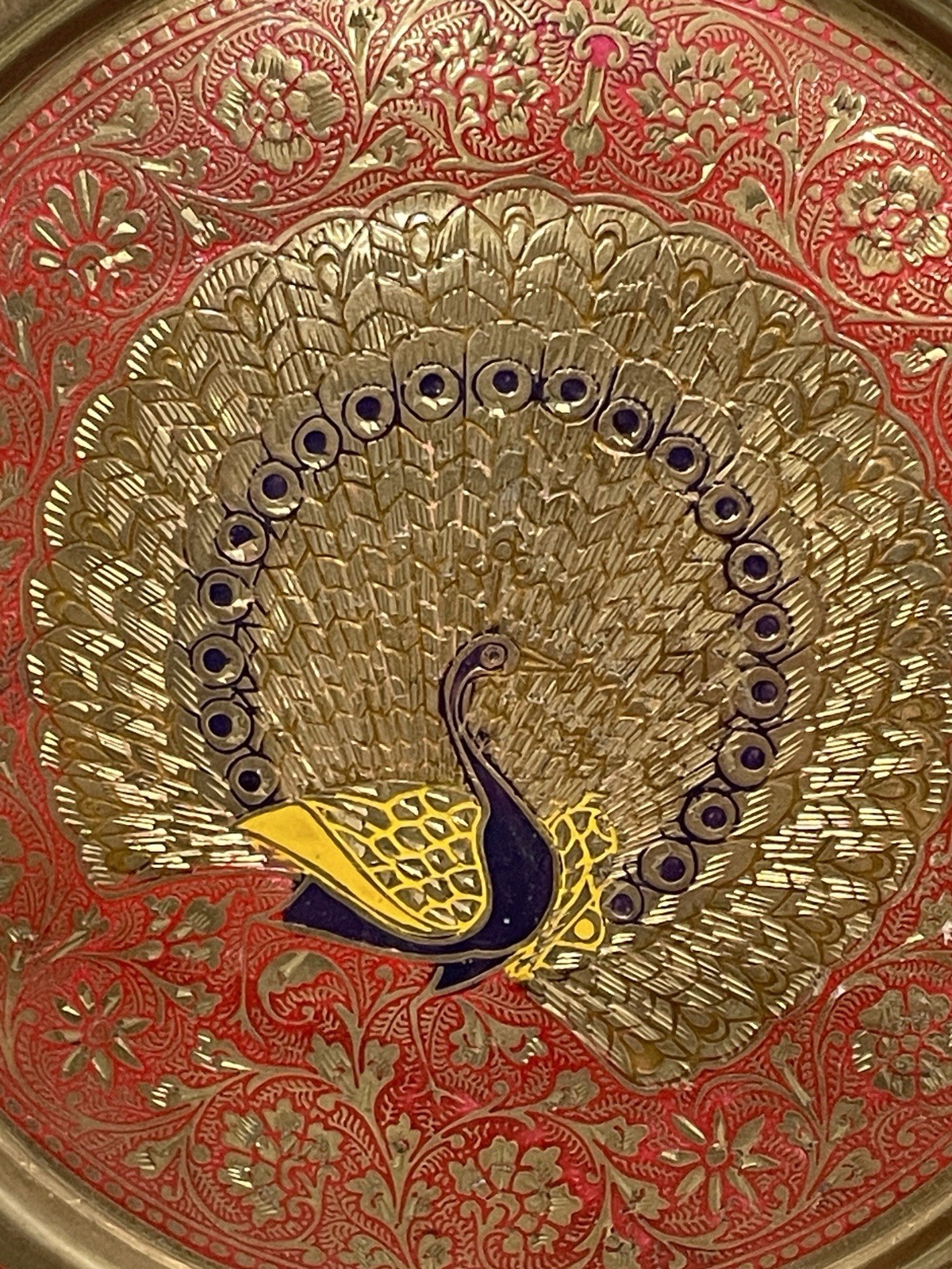 Vintage Indian Brass Peacock Plate 7.5” Red Enamel Etched Wall Hanging Decor
