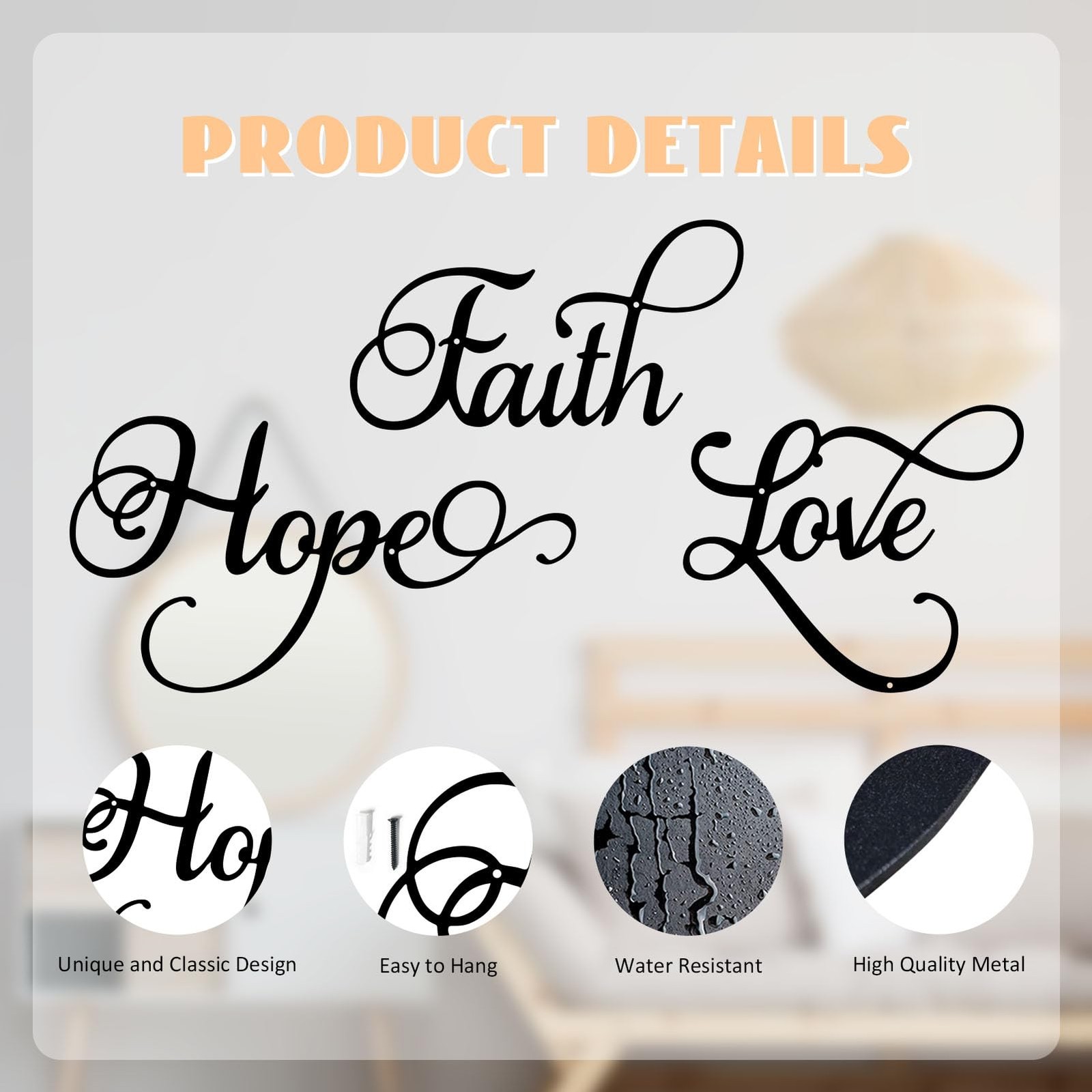 Faith Hope Love 3 Pieces Metal Wall Decor Inspirational Black Letter Sign Wal…