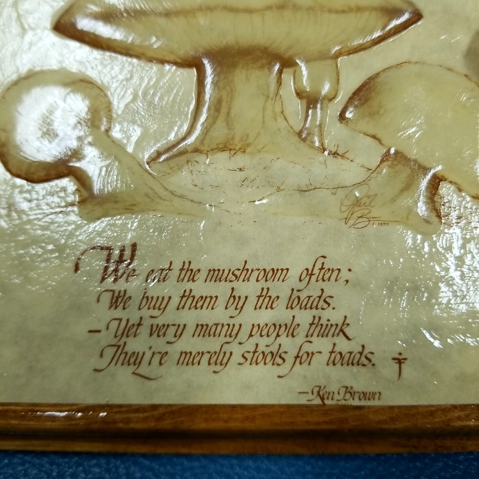 VTG Wood Wall Plaque Ken Brown Mushroom Poem Relief Toadstool Frog Decoupage