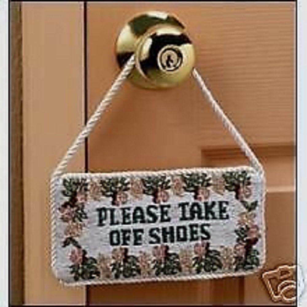 Please Take Off Shoes Plaque Polyester Needlepoint Design 8 “long x 4 1/8 ” high