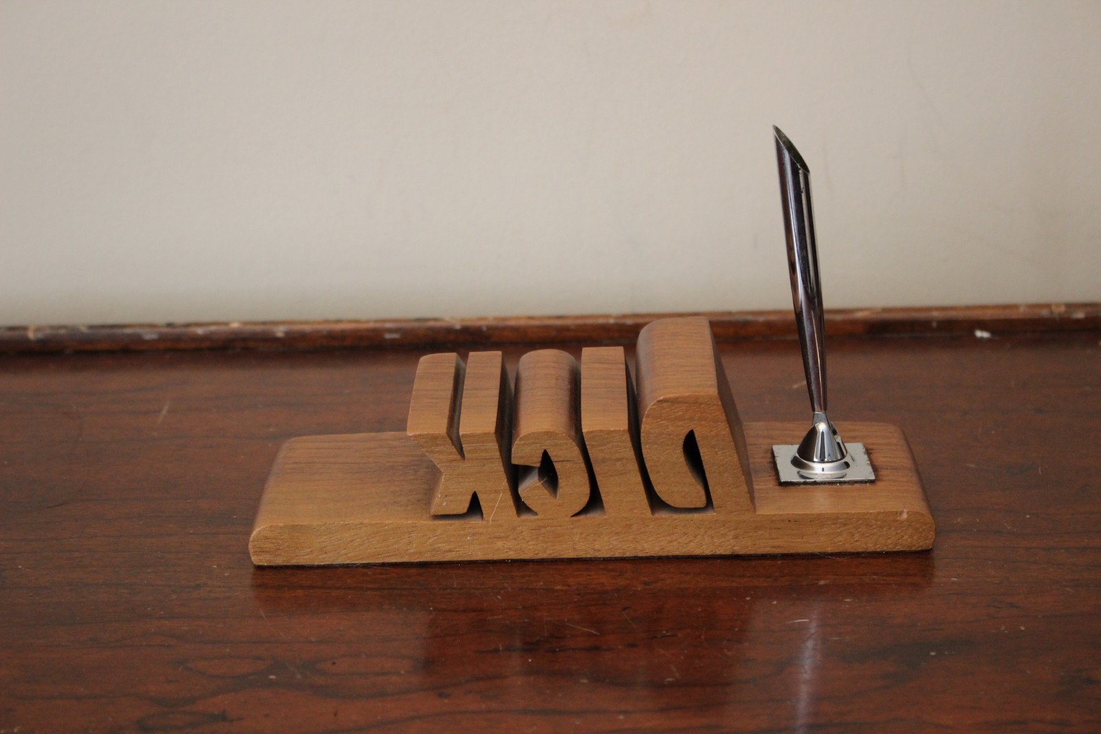 Contemporary Solid Walnut DESK Nameplate Carved as Dick Pen Holder