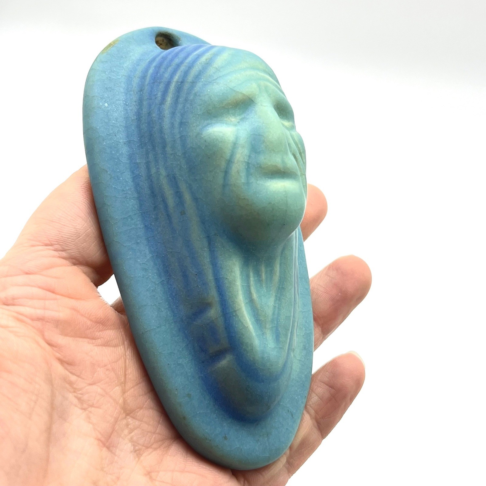 Van Briggle Pottery Spirit Face Hanging Plaque Blue Matte Glaze Colorado Springs