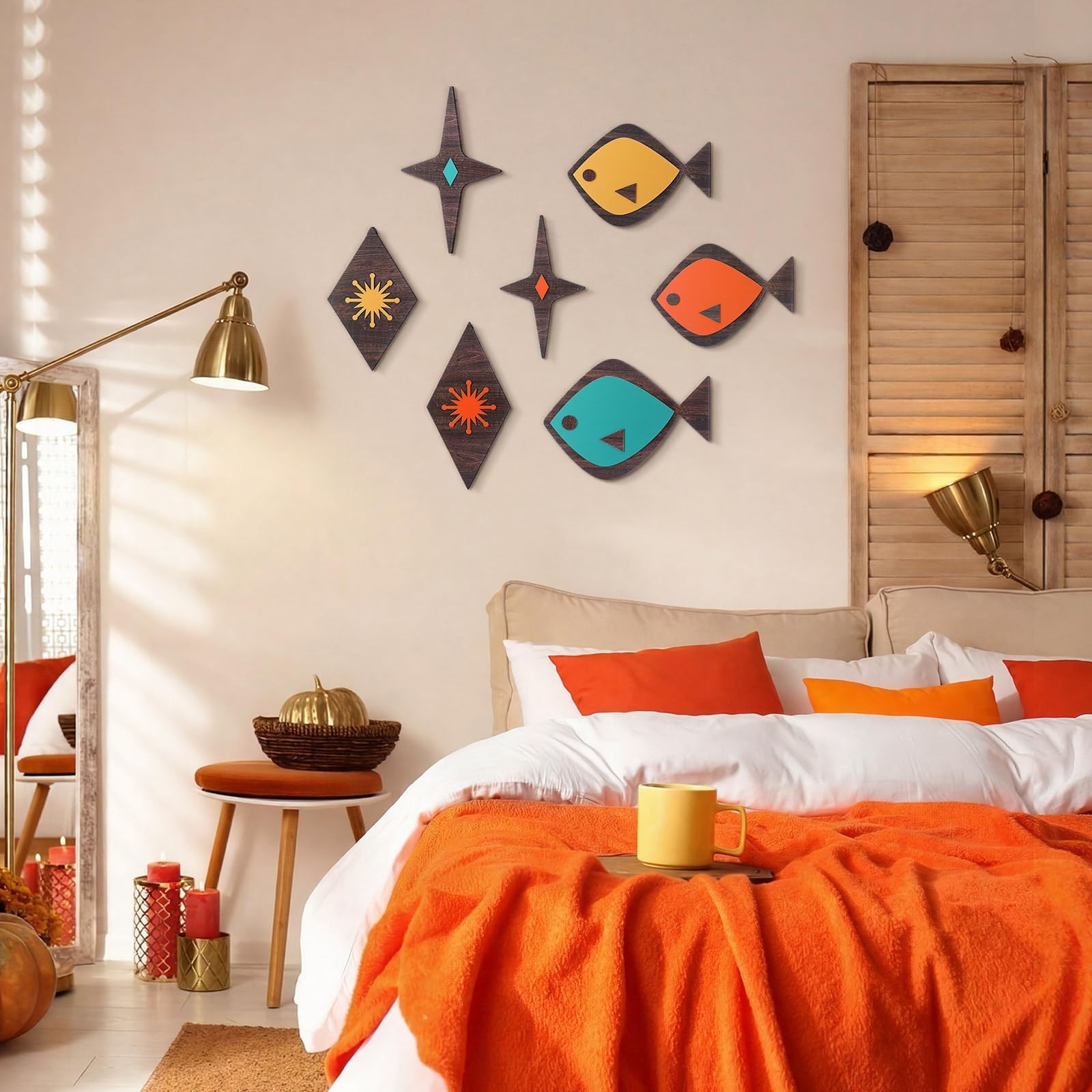 7 Pcs Mid Century Modern Wall Art Abstract Fish Wall Decor Retro Atomic Stars…