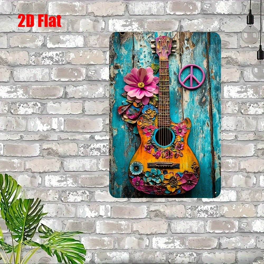Boho Floral Guitar Metal Sign Peace Sign Hippie Wall Art Retro Music Room Decor