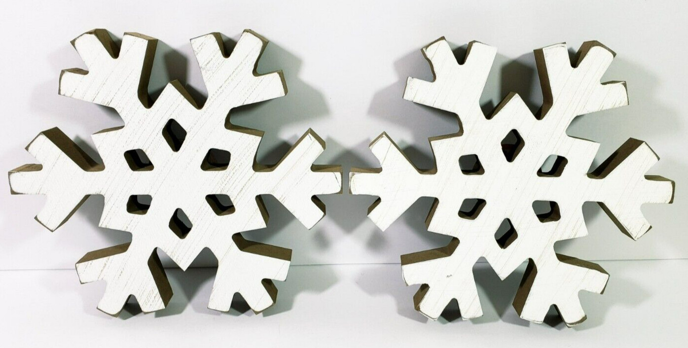 Snowflake White Shabby Wood Cutout Free Standing Lg 8 in Set of 2 Christmas NWT