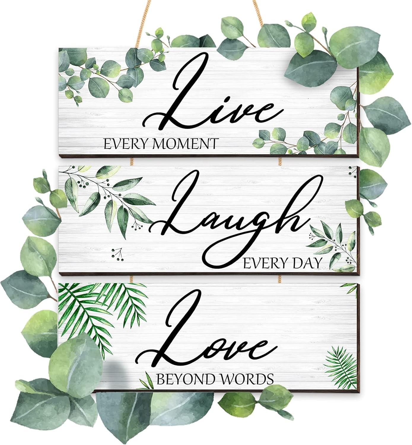 3 Pieces Live Laugh Love Wooden Sign Eucalyptus Leaves green, white, brown