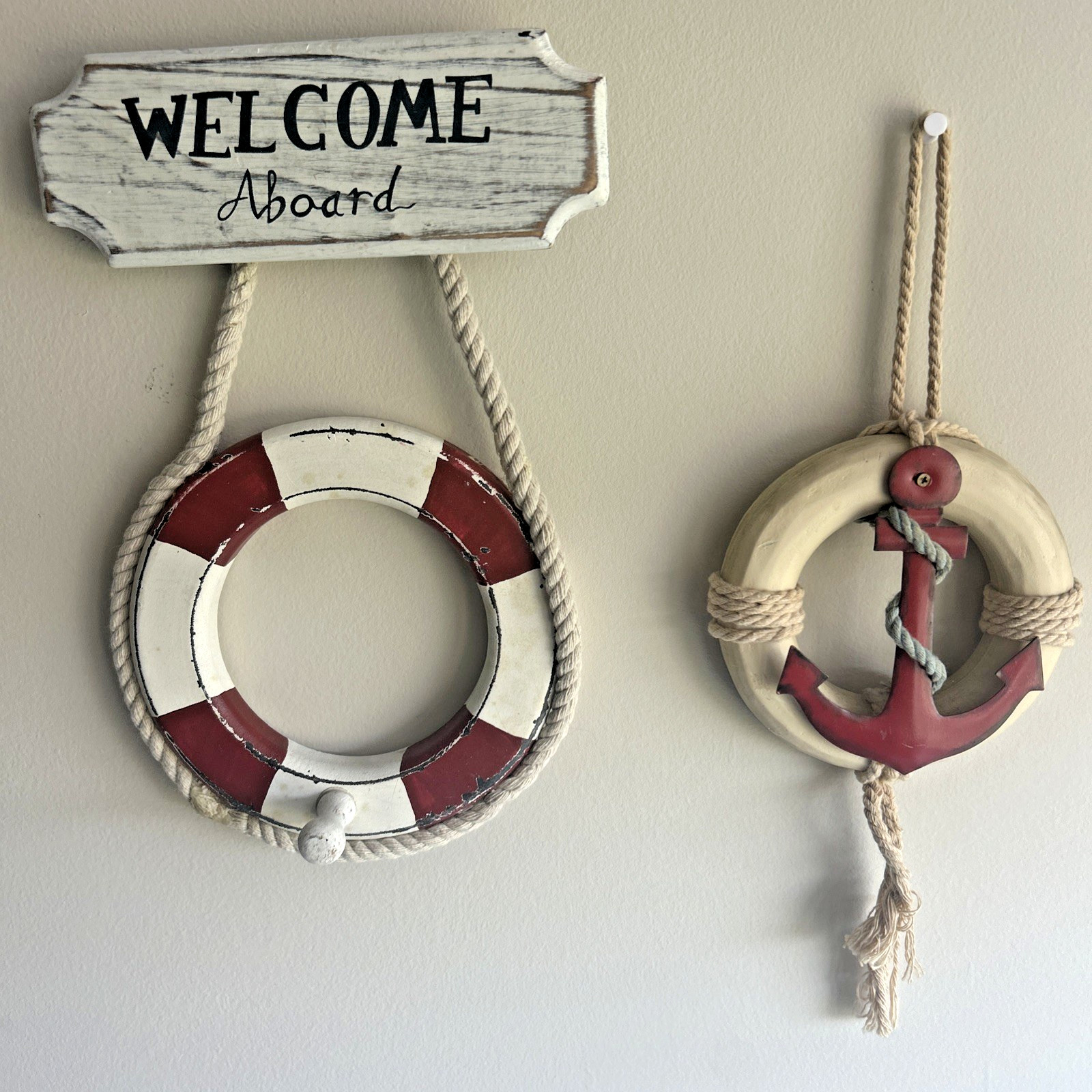 Coastal Beach Nautical Decor Welcome Aboard Life Ring & Anchor Life Ring