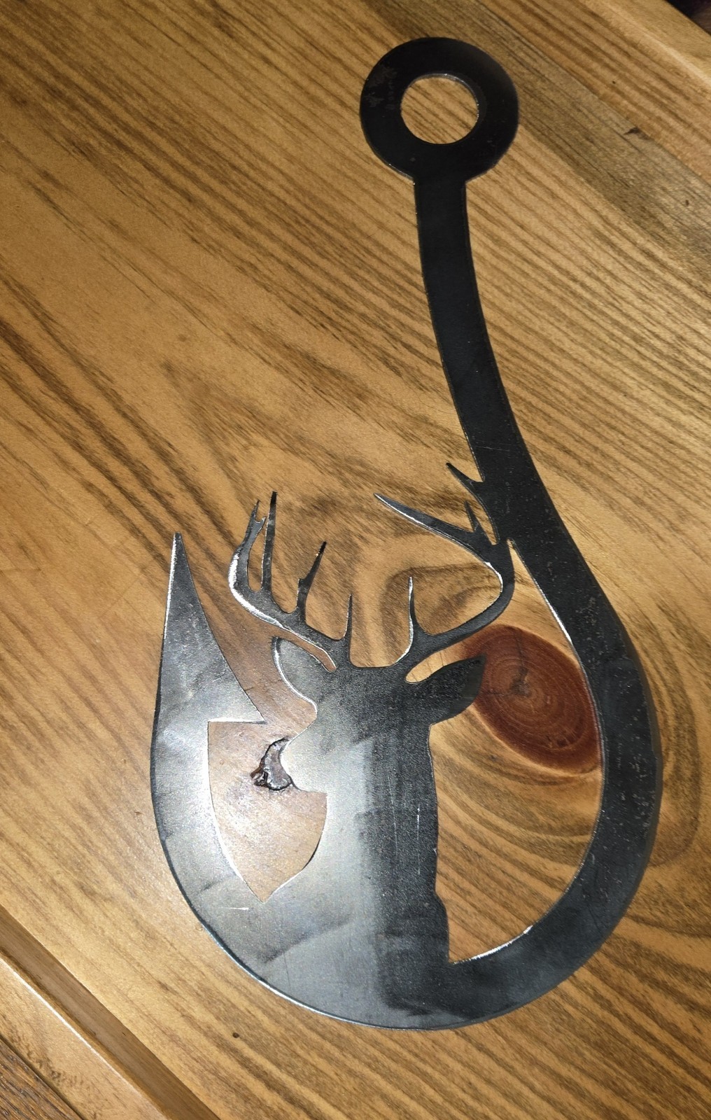 CNC Plasma Cut Raw Steel Fish Hook With Deer Head wall art
