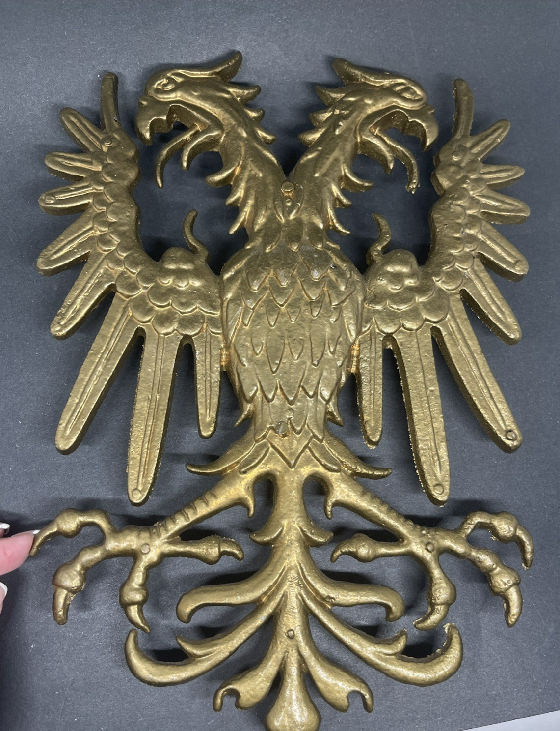 Vintage Double Headed Eagle Cast Metal Wall Decor Gold Gilded 13”