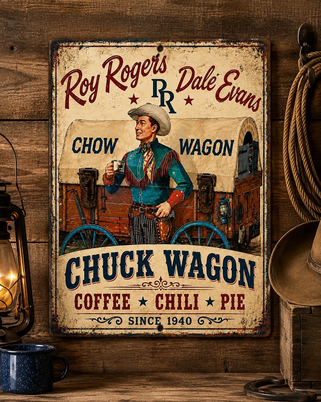 Roy Rogers Dale Evans Chuck Wagon Western Cowboy Coffee Metal Sign 8×12