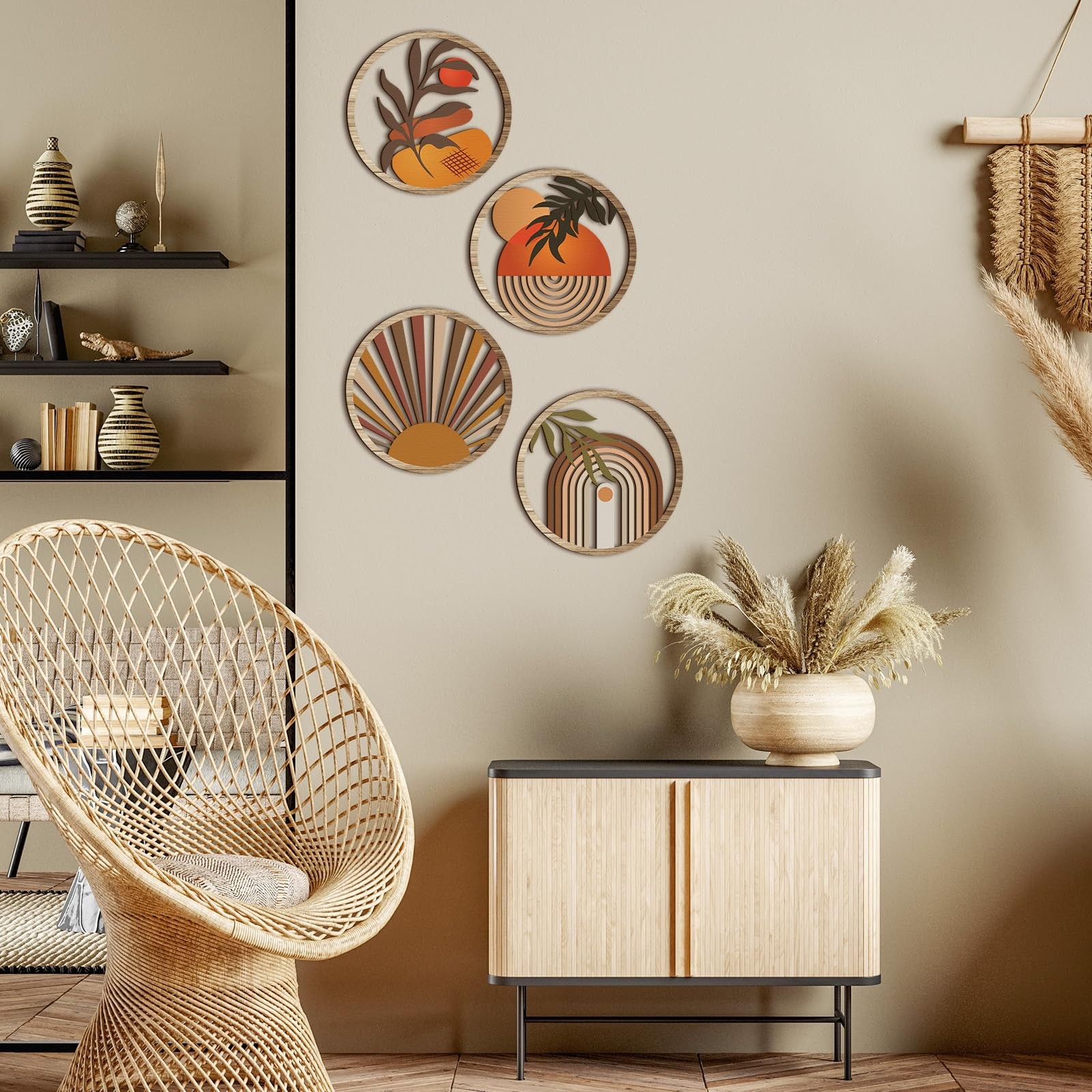 4 Pcs Boho Wall Art Bohemian Wooden Round Circle Wall Decor Hollow out Hangin…