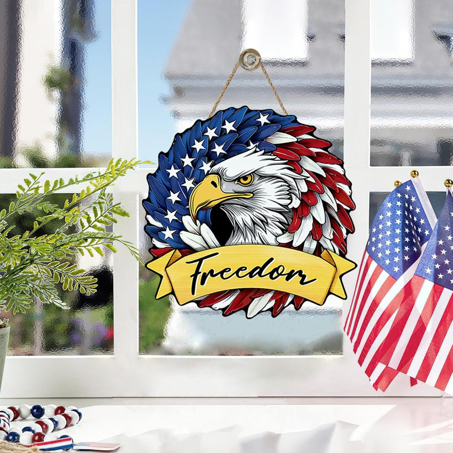 4Th of July Patriotic Bald Eagle Front Door Sign, America Freedom Stars Wood Pla