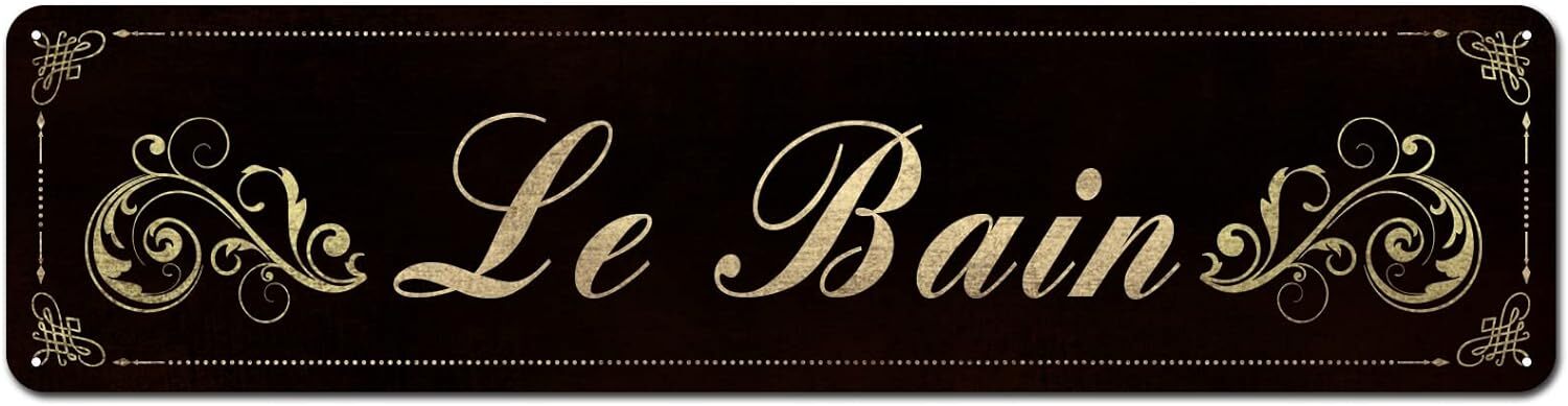 Le Bain French Country Bathroom Signs Tin Plaque for Home Décor 4″ x 16″