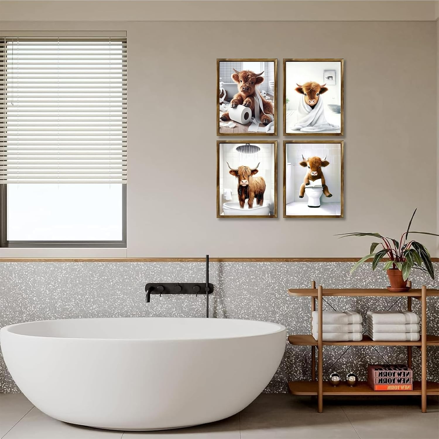 Humorous Highland Cow Bathroom Wall Art – 4 Unframed 8×10 Gold Standards