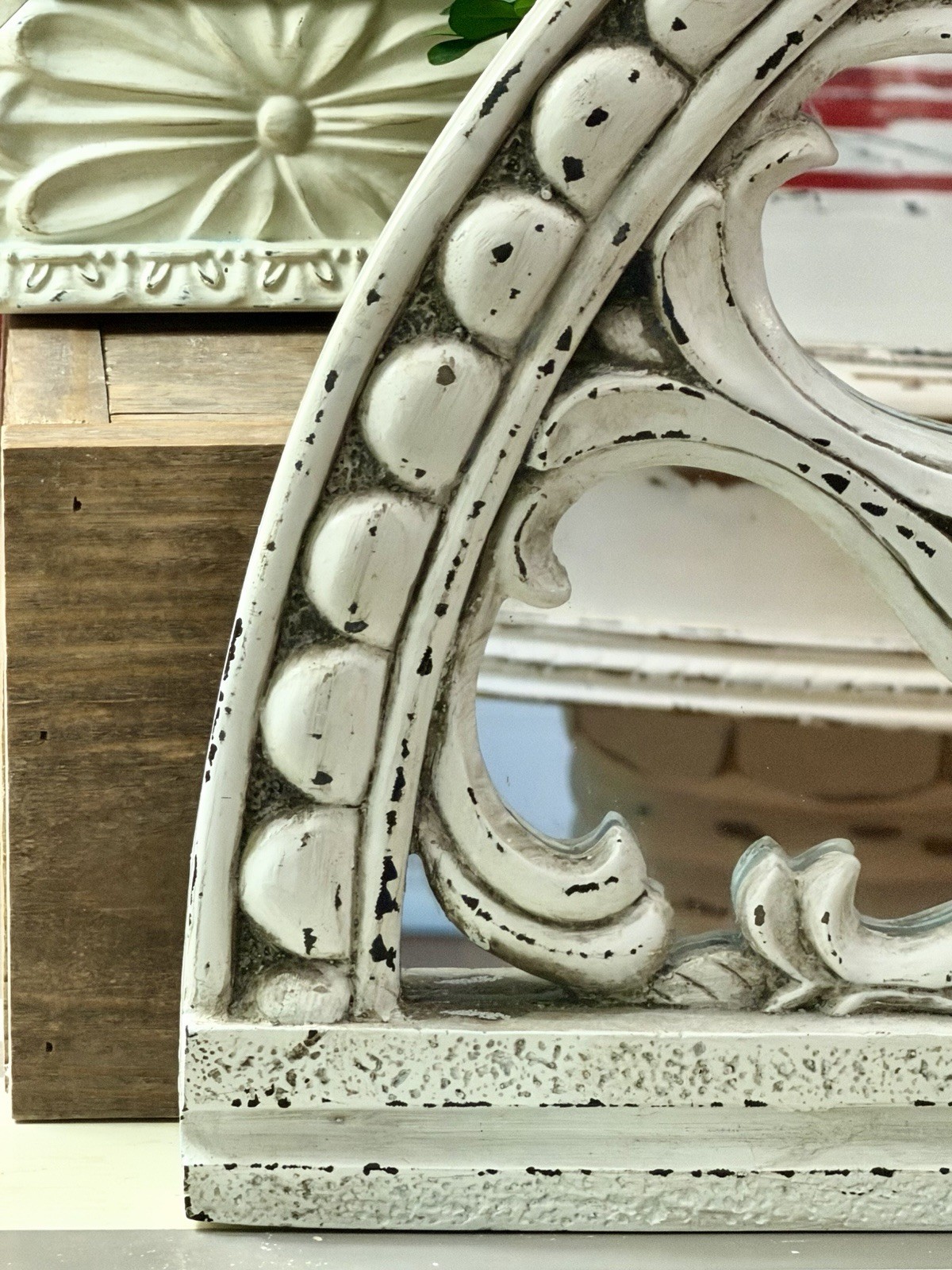 VTG Inspired Whitewashed Halfmoon/Mirrored Decorative Architectural Wall Plaque