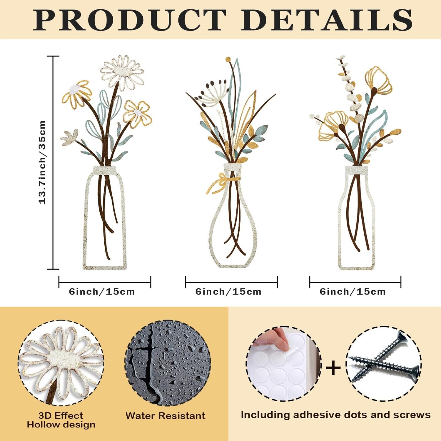 3 Pieces Metal Flowers Wall Art- Rustic Farmhouse Decor Minimalist Home Decor