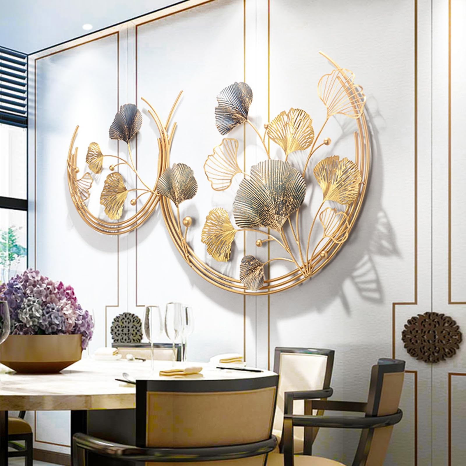 3D Room Wall Decor, Handmade Art Metal Round Golden Ginkgo Leaf Decorative Wa…