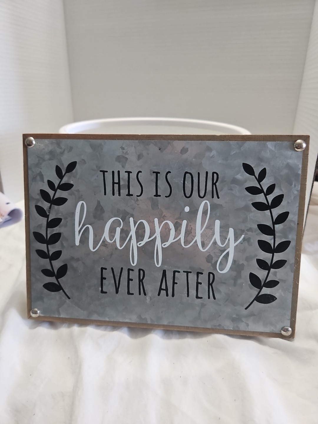 9.5 X 7″ “This is our Happily Ever After” Metal Front W/ Wood Side Wall Hanging
