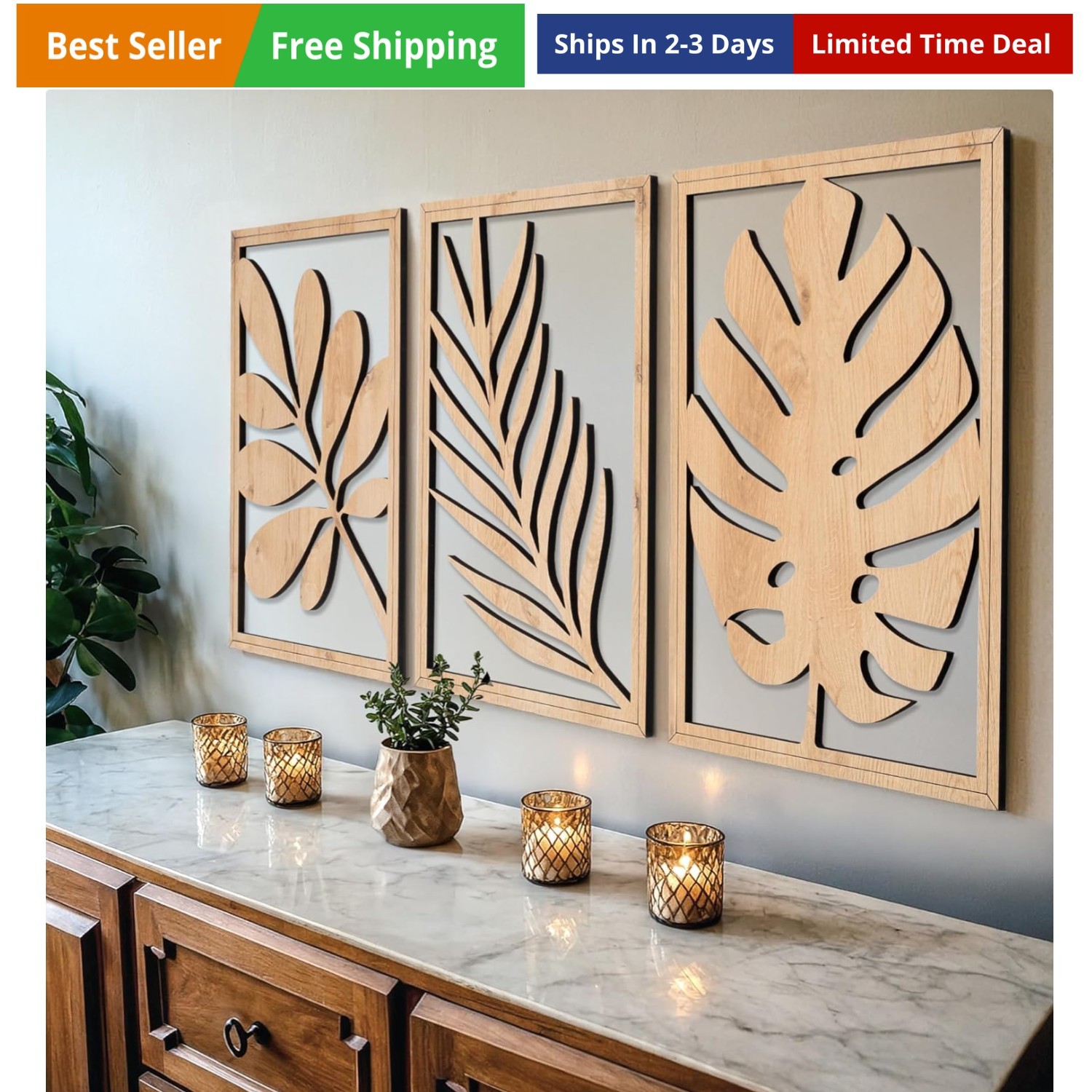 Modern Wooden Wall Sculptures – Set of 3 – Home Decor Accent – Large Wall Art…