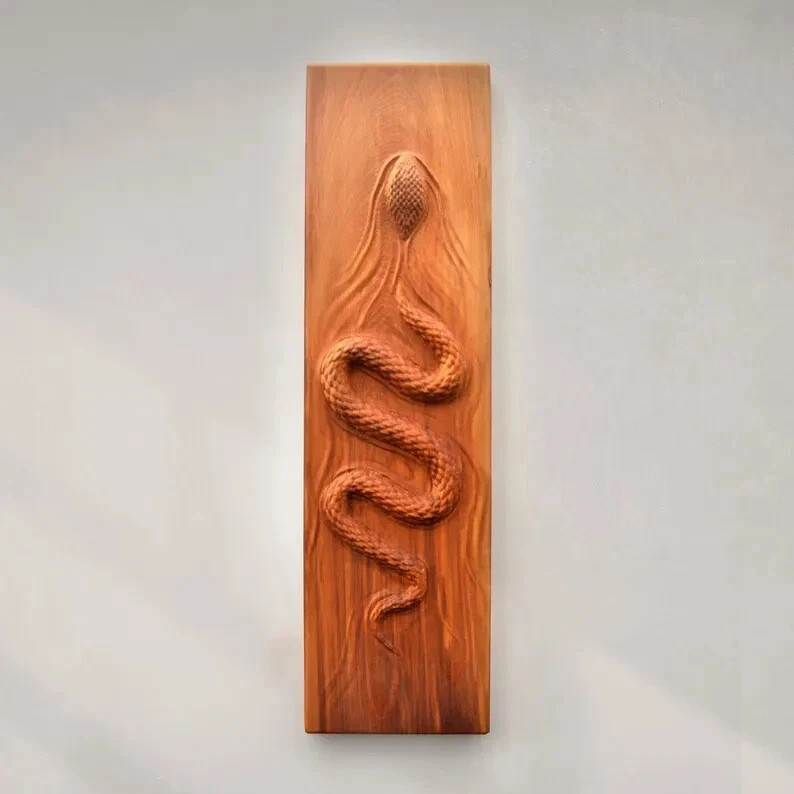 Engraved Wood Sculpture Large Size Snake Swims Wall Hanging Wooden Wall Art Sig