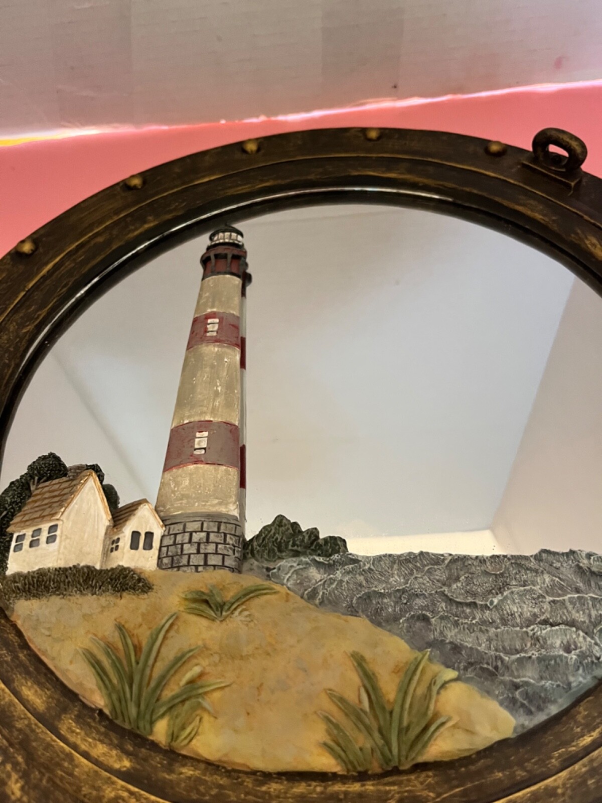 Nautical/ Port Hole /Mirror/ Raised Lighthouse Resin Wall Decor 12 1/2″