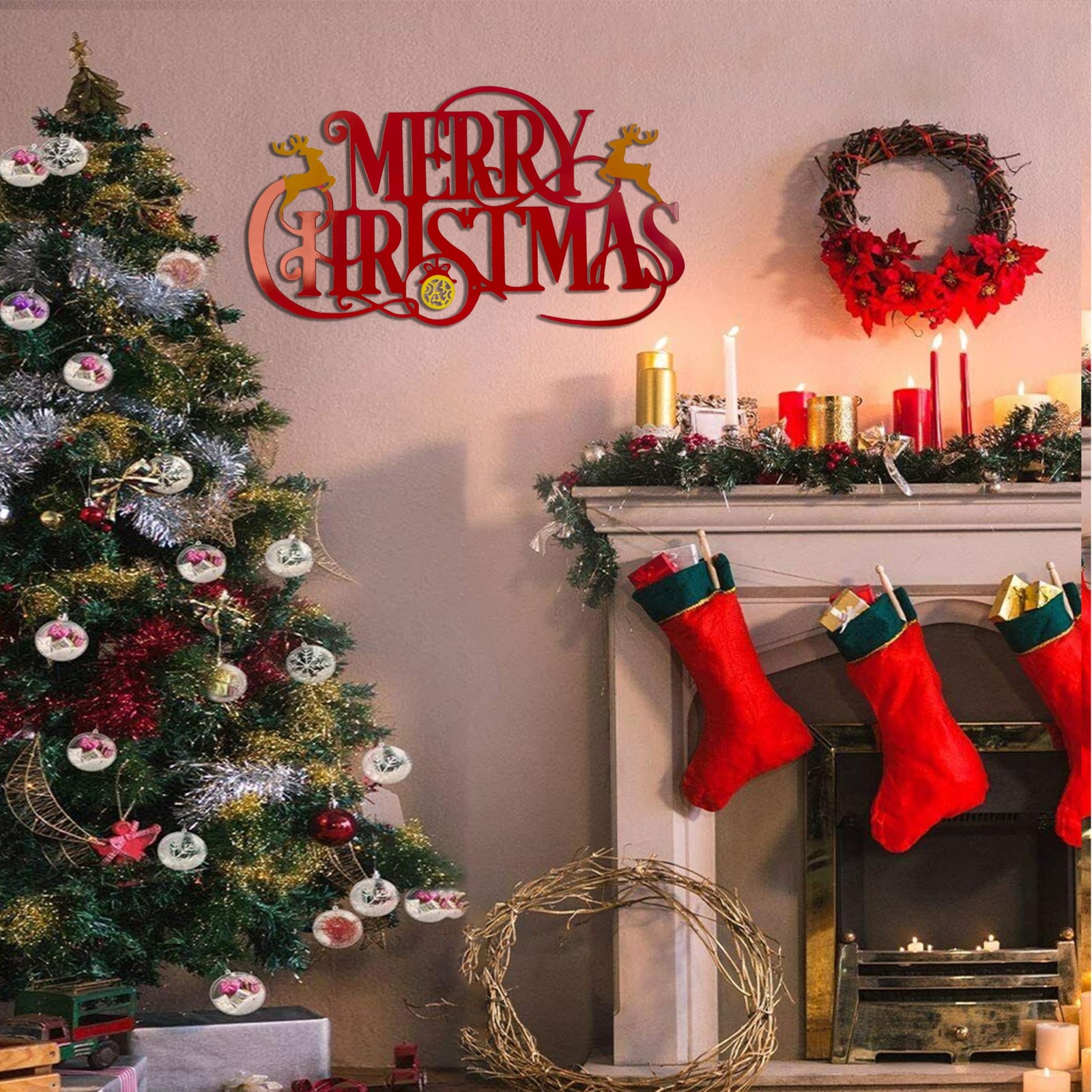 Metal Merry Christmas Wall Decor Christmas Sign Letter Decorative Hanging Pla…