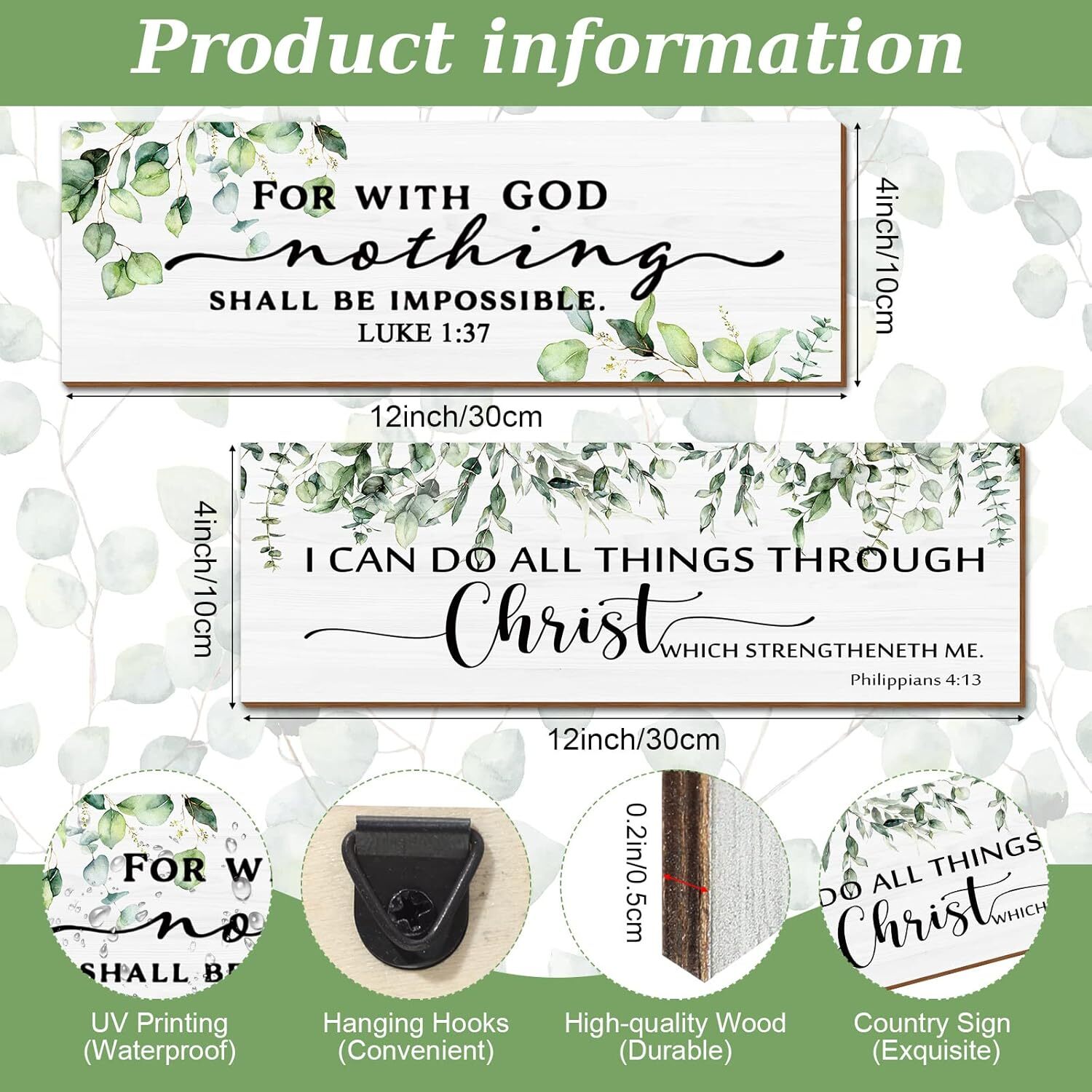 Yalikop 2 Pieces Inspirational Wall Decor, Wooden Bible Verse 12 x 4 Inch