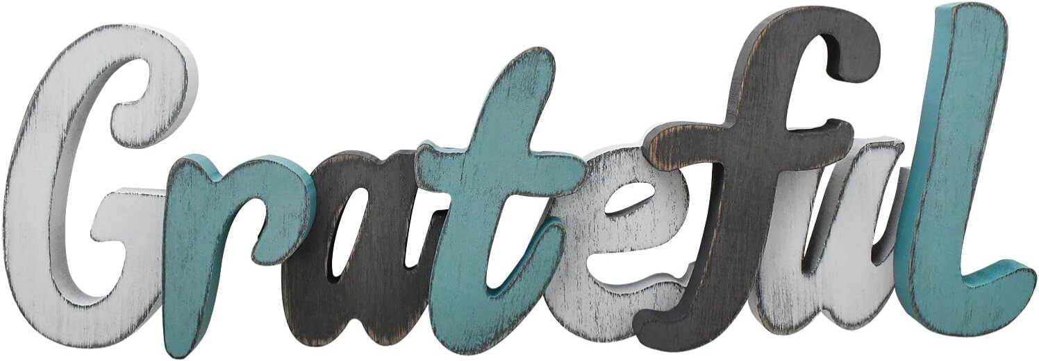 Rustic Wood Grateful Sign Wooden Block Letter Wall Decor Teal Aqua Freestanding