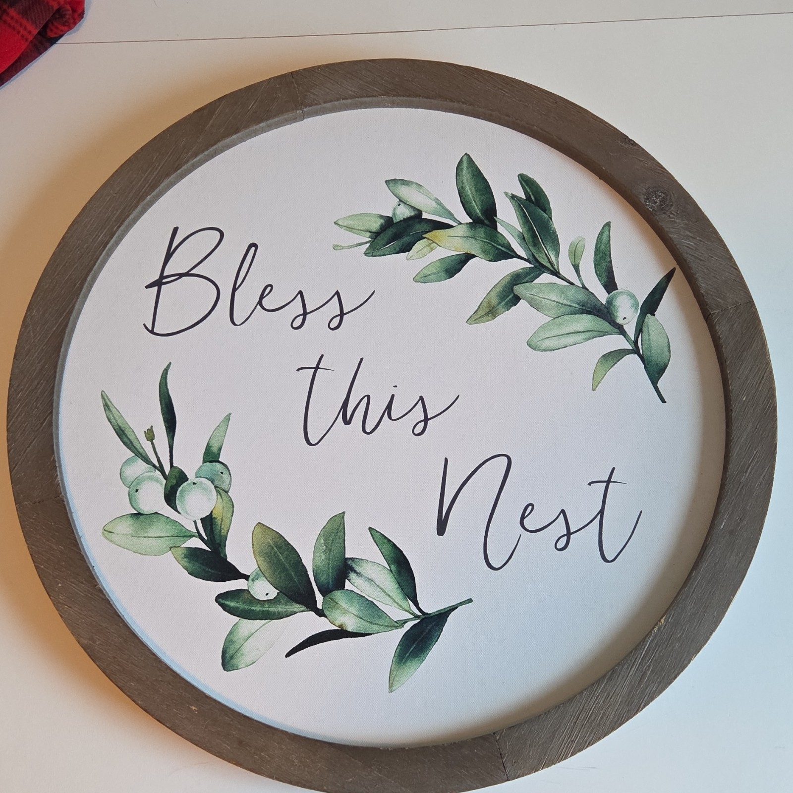 Botanical Inspirational 19″ Round wood canvas “Bless this nest” Wall Art Sign