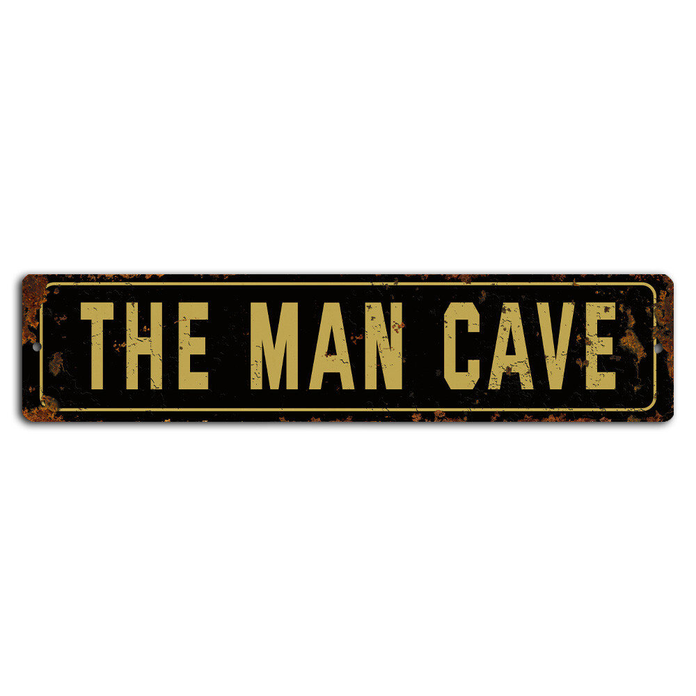 The Man Cave Dark Yellow Rustic Street Sign – 18×4 Inch Metal Decor