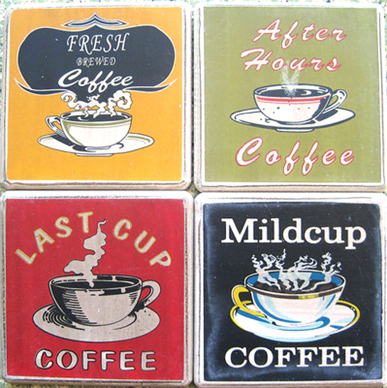 Set of 4 Vintage Retro Wood Coffee Cups Plaques Signs New Yellow Green Red Black