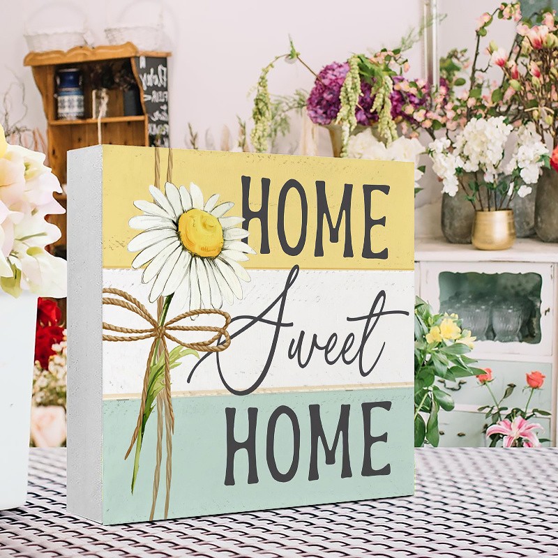 2D Desktop Square Daisy Flower Art Wooden Sign Home Office Room Decoration Gift