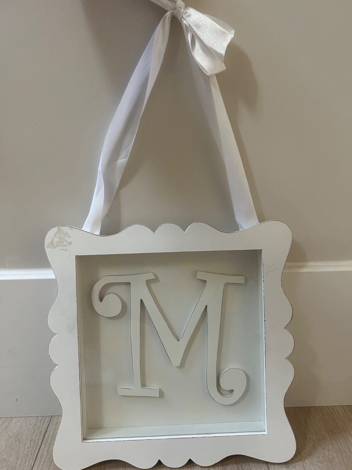 Letter M White Ribbon Hanging Picture Frame, Wooden Wall Decor, 9.5×9.5 in