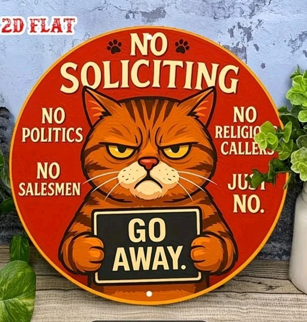 Funny Angry Cat No Soliciting Sign Go Away Metal Round Wall Decor 8 Inch