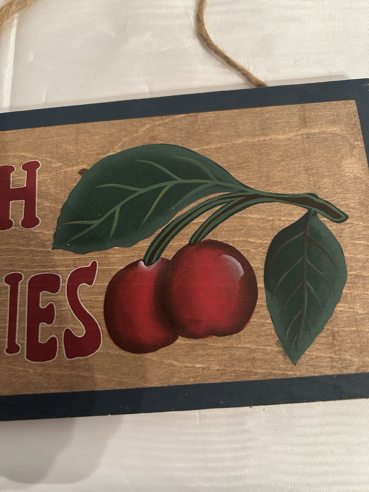 Vintage Fresh Cherries Wooden Hanging Sign, 9 1/2 in x 4 3/4 in