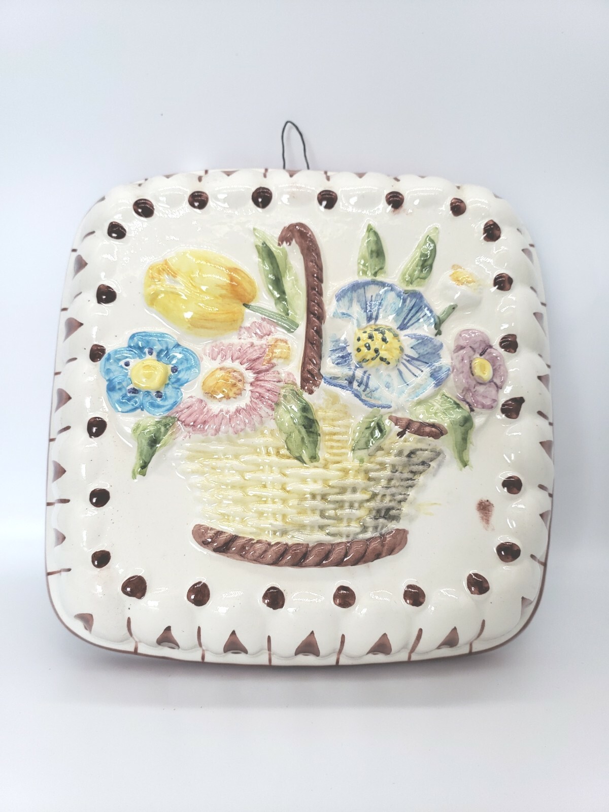 Vintage Ceramic Hand Painted Raised Floral Wall Hanging Mold Italy 9.5″ Square