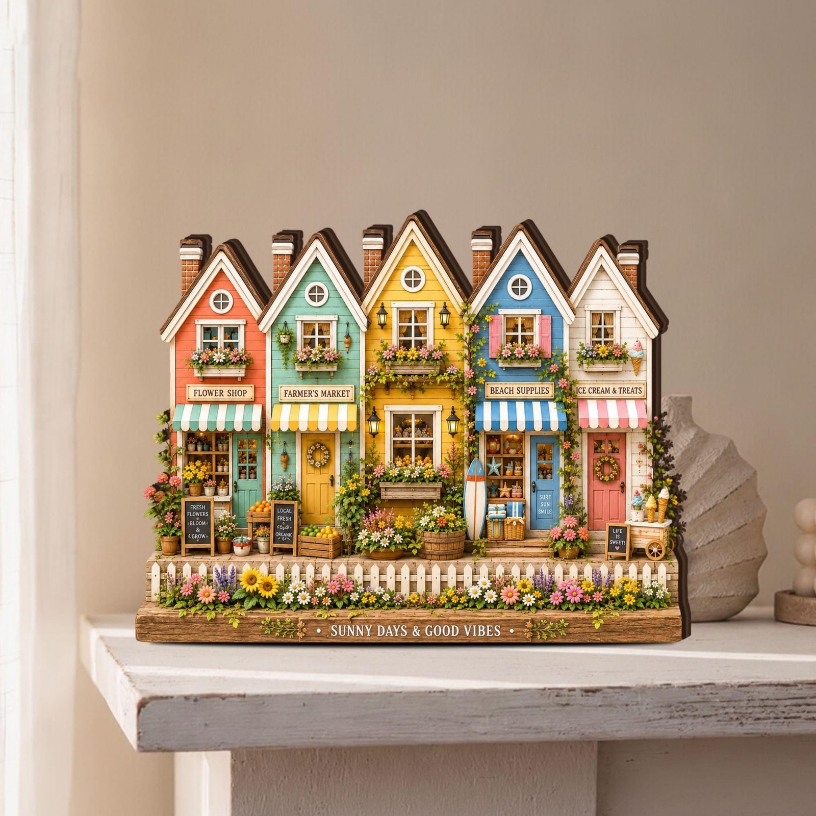Spring Village Wooden Block Decor Cottage Town Shelf Sitter Flower Shop Art