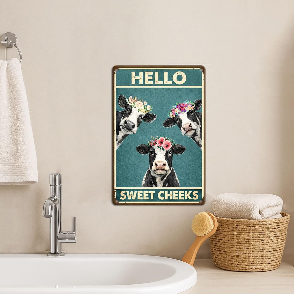 Hello Sweet Cheeks Cow Metal Tin Sign 8×12 Funny Bathroom Farmhouse Wall Decor