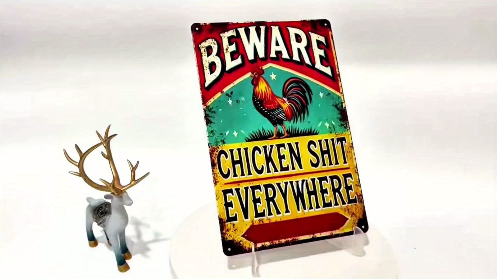 Beware Chicken S*** Everywhere Tin Sign Funny Rooster Metal Farmhouse Wall Decor
