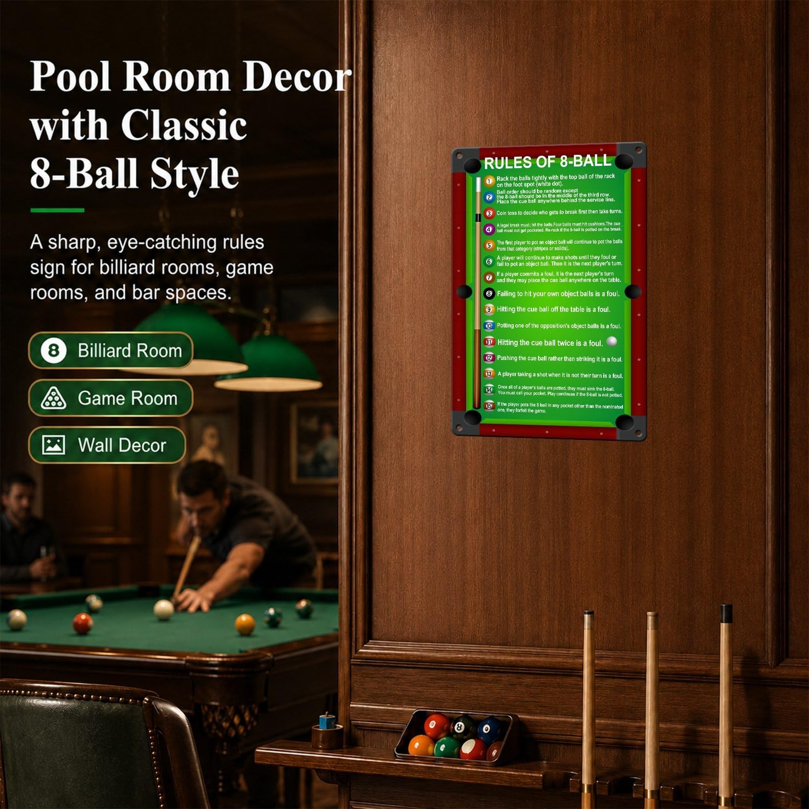 8 Ball Pool Rules Aluminum Sign 8x12in Billiard Room Wall Art Decor