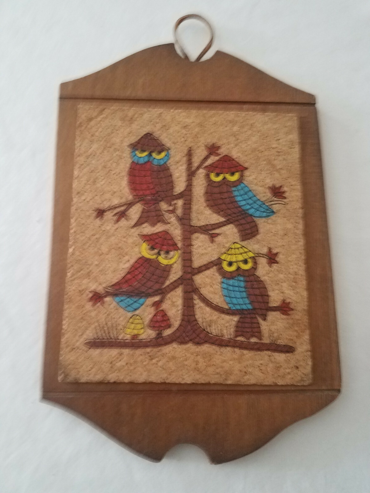 Vintage Hanging Wood Plaque Cork Board 4 Owls in a Tree Wall Decor