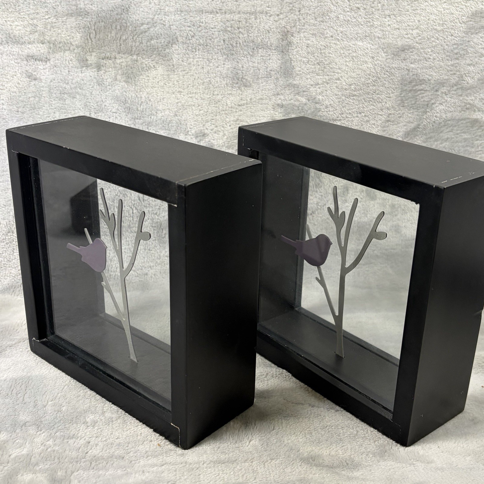 Bird Silhouette Shadow Box Decor Set of 3 Black Frame Glass Branch Modern
