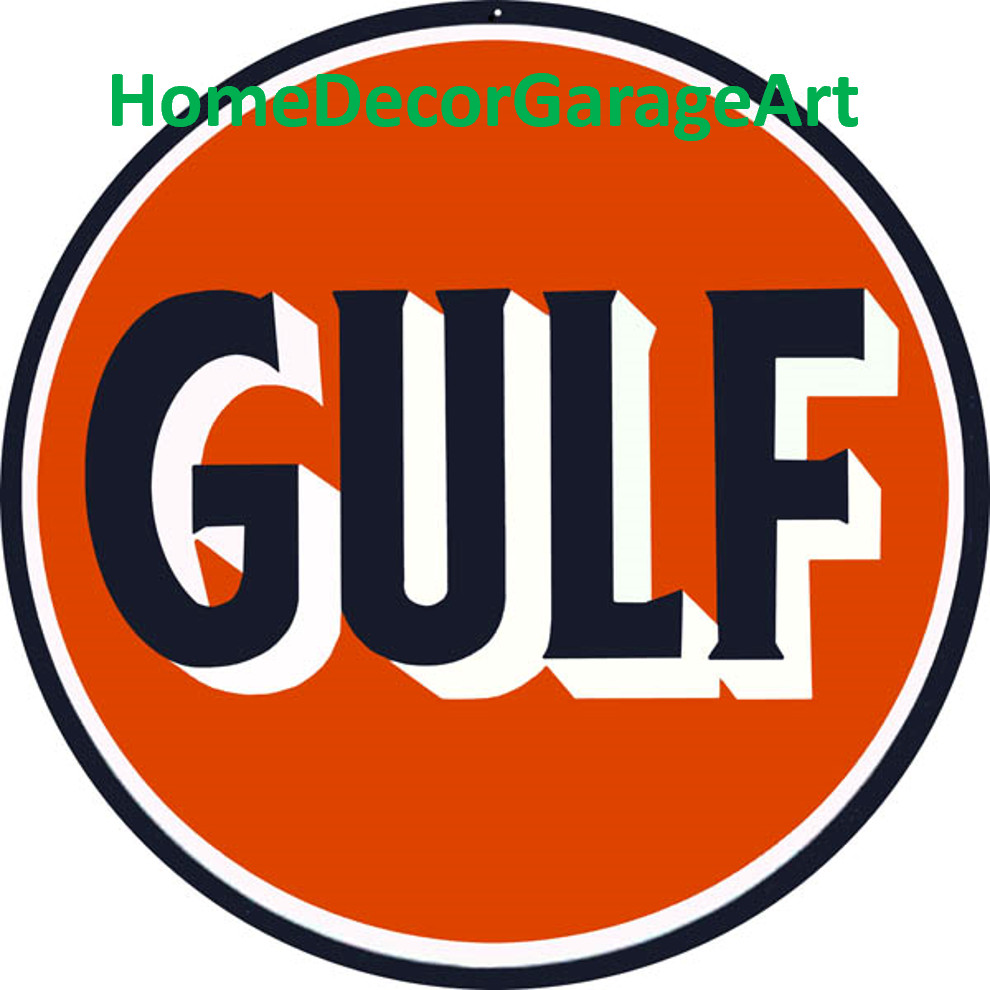 Gulf Gasoline, Round Metal Sign, Aged or Clean Design, Vintage Style Garage Art
