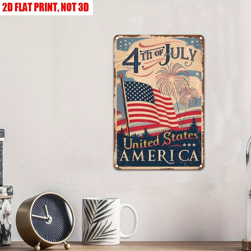 Vintage Tin Sign JULY 04 American Flag Patriotic Metal Sign Man Cave Wall Decor
