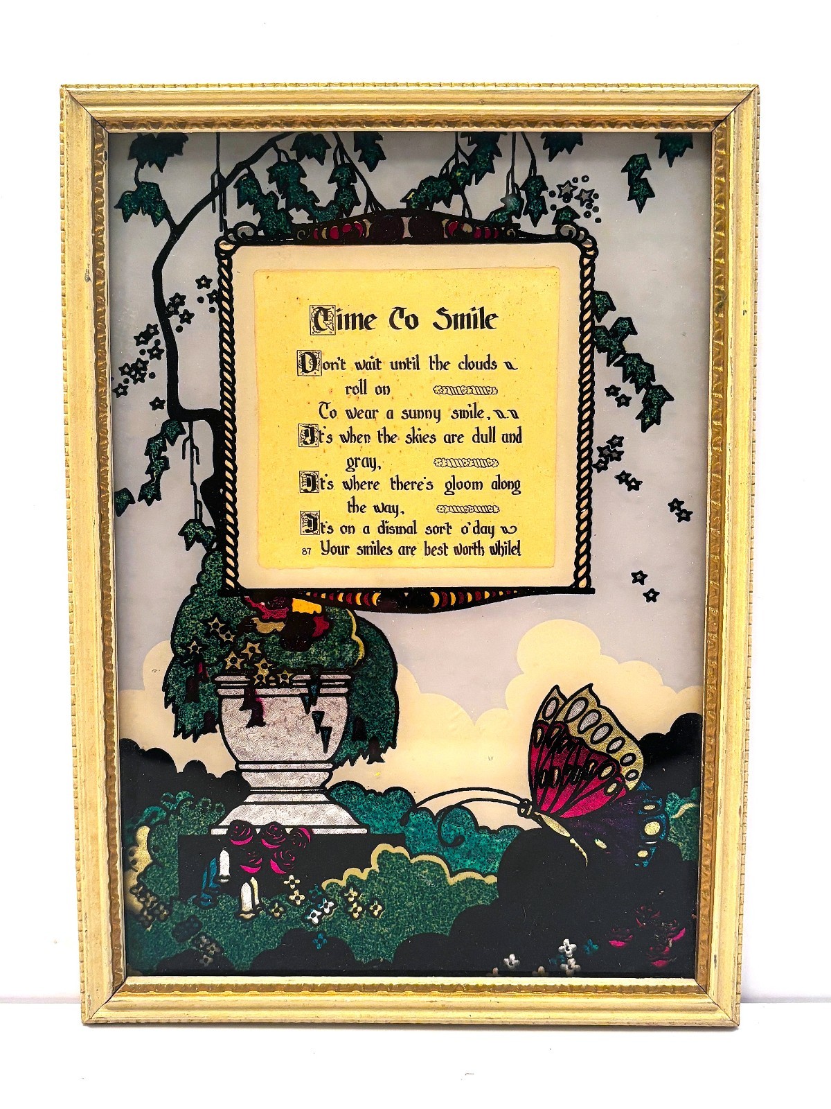 1930’s Silhouette Reverse Painting Time to Smile Poem w/ Butterfly & Garden 11×8