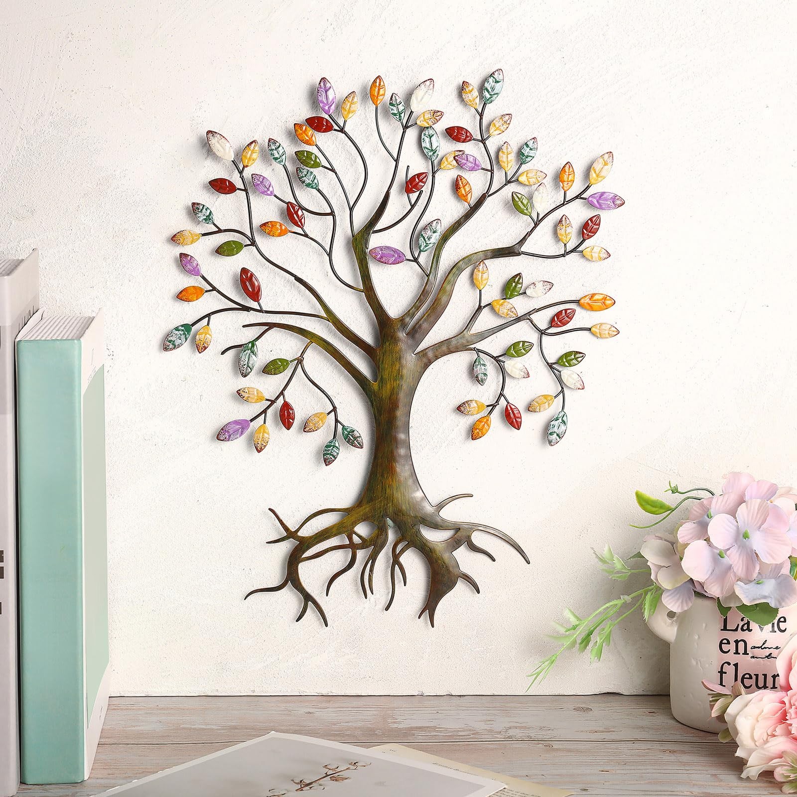 Metal Tree Wall Sculpture Gold Tree Home Decoration Multi Colored Leaf Art Ha…