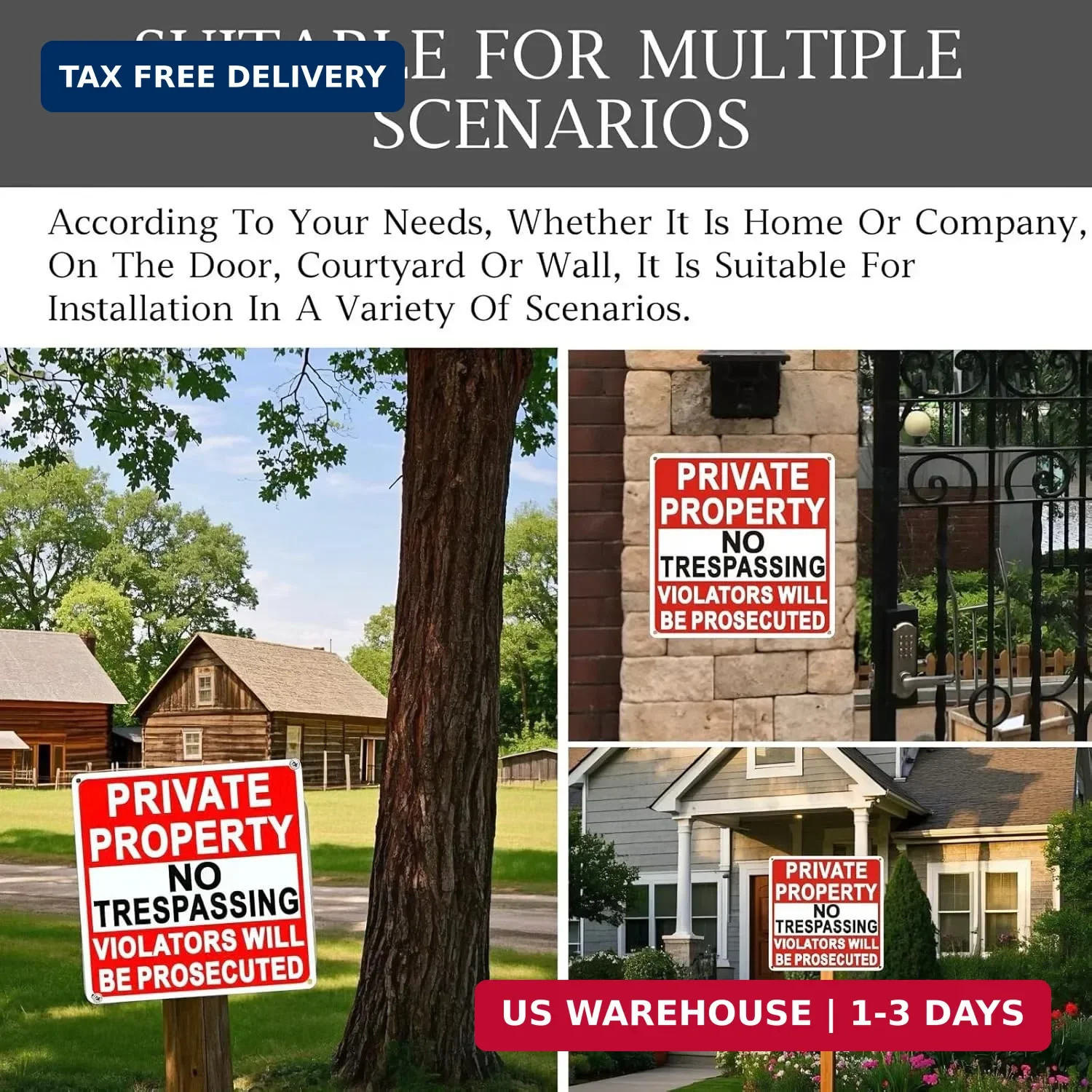 4 Pack Large No Trespassing Signs Private Property, 9.5 Inch X 9.5 Inch Private