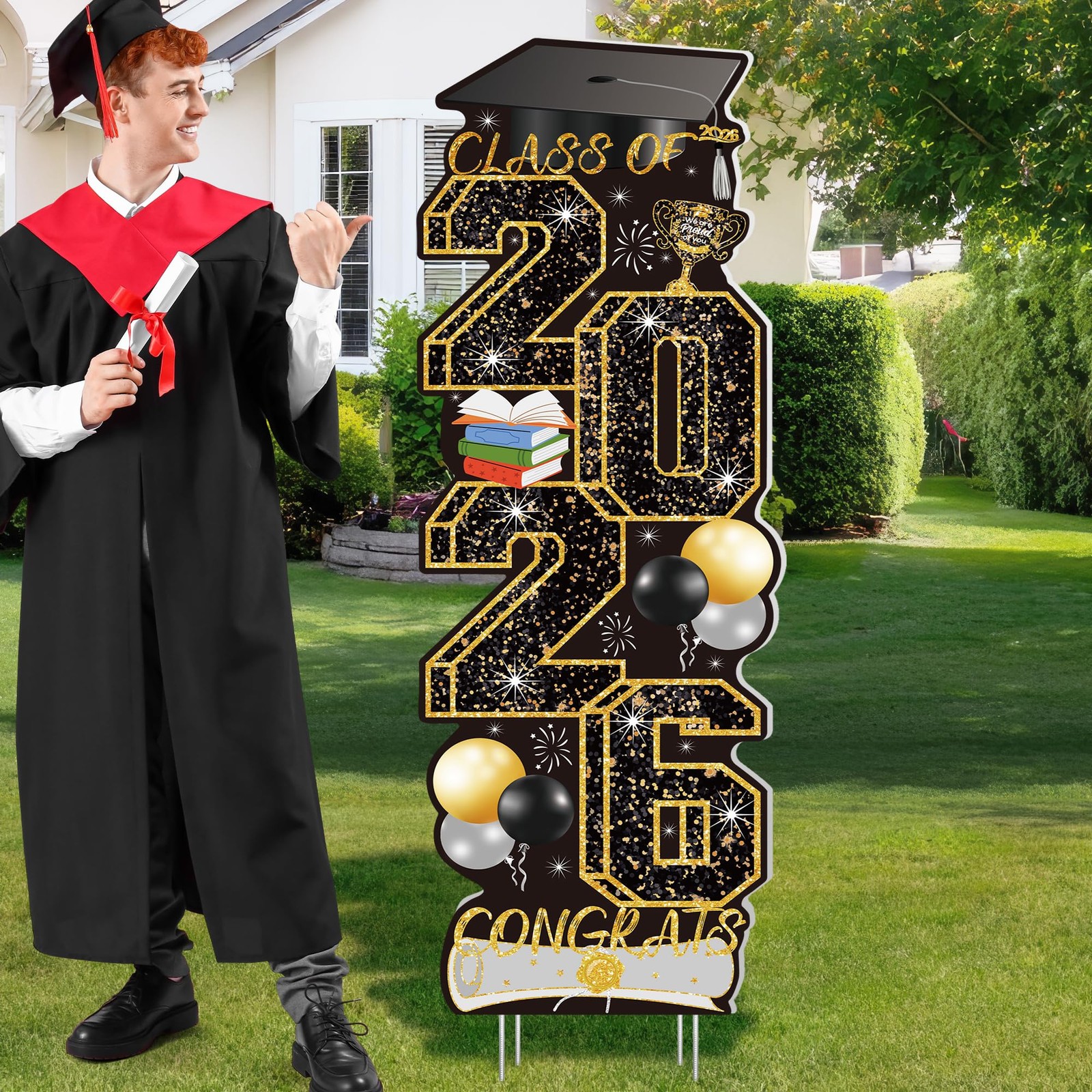 4 Pcs Graduation Yard Signs Class of 2026, Large Black Gold Congrats Grad Sig…