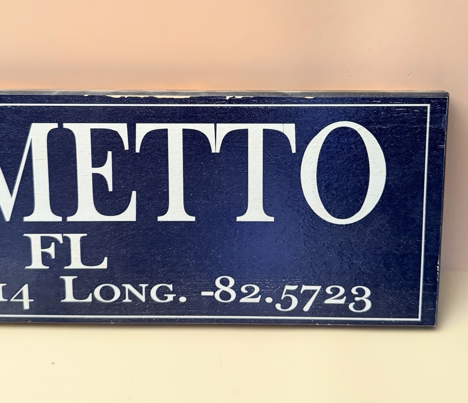 Palmetto FL Wooden Sign Decorative Wall Art Coordinates Florida Decor 17.5″ Blue