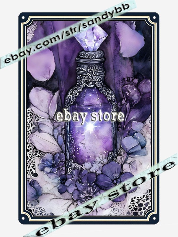Potion Bottle Metal Tin Sign Mystic Purple Magic glowing bottle and crystals